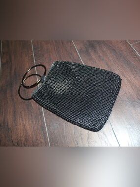 Black Beaded Wristlet Bag with Metal Hoop Handle